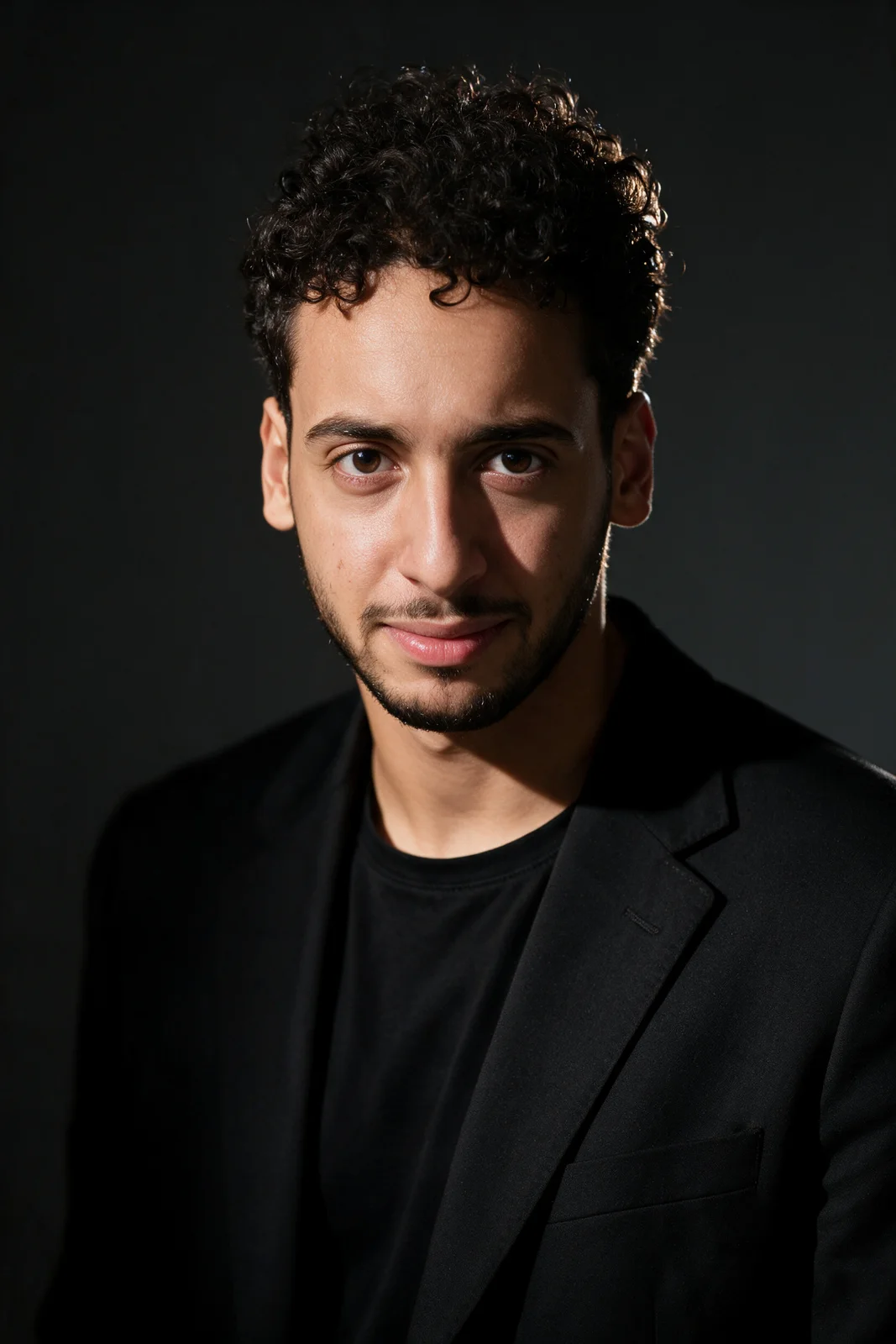 Editorial portrait of Zein Kaskas lit by dramatic single-source lighting against a deep charcoal backdrop, calm and confident.