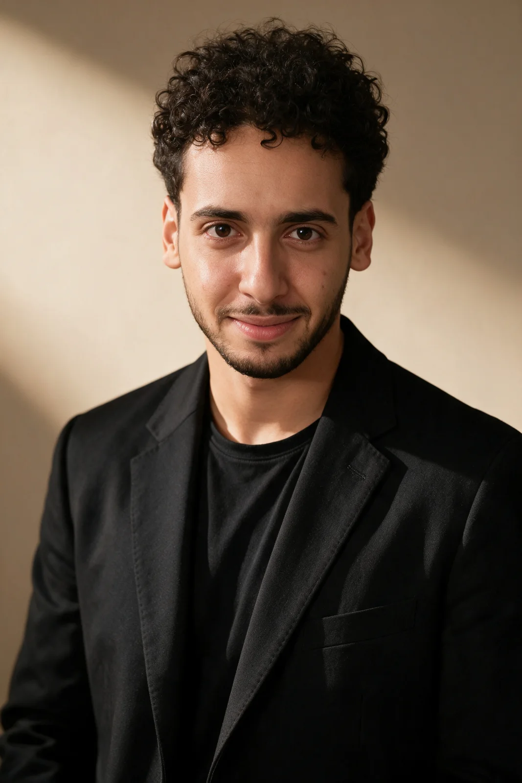Editorial portrait of Zein Kaskas in soft directional window light against a warm beige studio backdrop, with a relaxed half-smile.