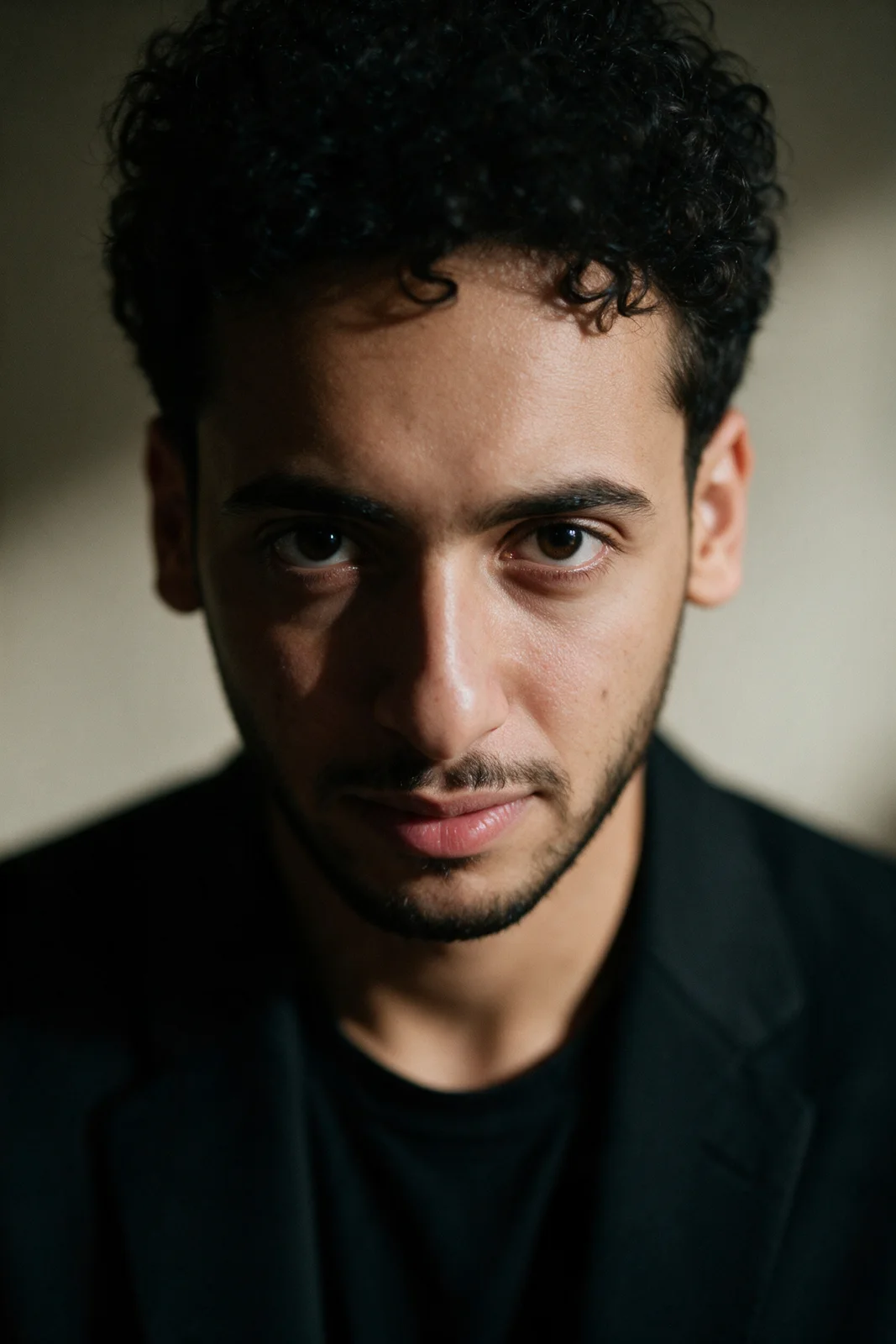 Moody tight editorial close-up of Zein Kaskas gazing directly into the lens under dramatic low-key lighting.