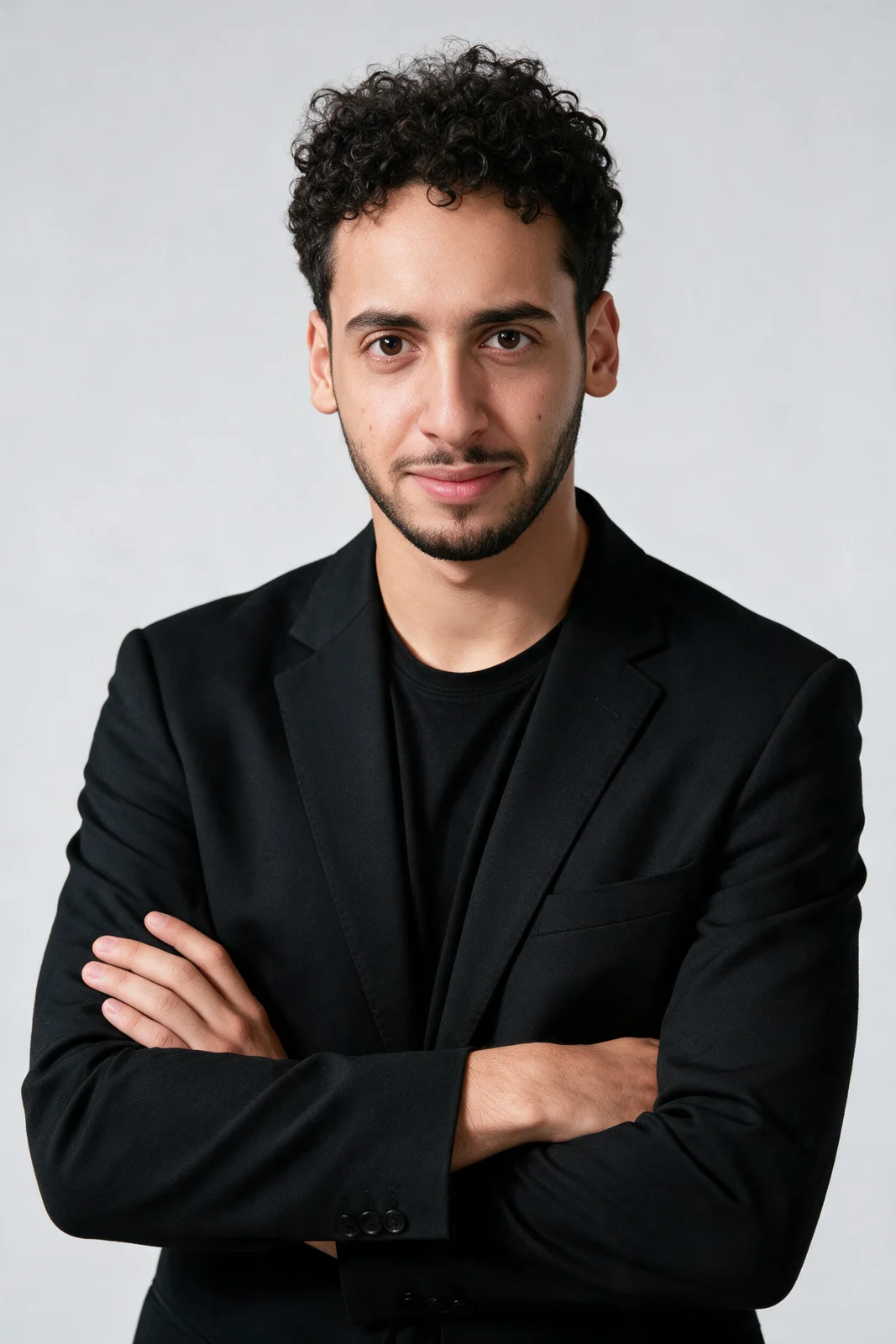 Bright high-key editorial portrait of Zein Kaskas with his arms crossed against a clean light-grey seamless backdrop.